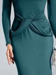 SHEIN Belle Autumn And Winter Women's Banquet Party Fashion Elegant Luxury Stretch Knit Asymmetric Collar Design Tight Waist Pleated Green Dress Formal Dress, Women's Autumn And Winter Formal Evening Dress, Party Banquet Christmas Can Be Worn, Prom Gown, For Wedding Guest, Graduation, Dinner