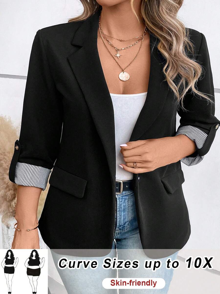 SHEIN CURVE+ Curve Plus Roll Tab Sleeve Single Button Blazer - Black - View 1