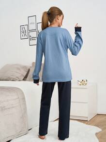 RueChic 2pcs Cotton Contrast Colour Bear Embroidery With Button Detail Homewear Set - Dusty Blue - View 2