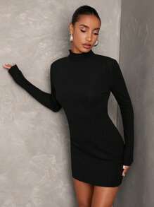 SHEIN BAE 1 件女士纯色立领长袖修身优雅连衣裙