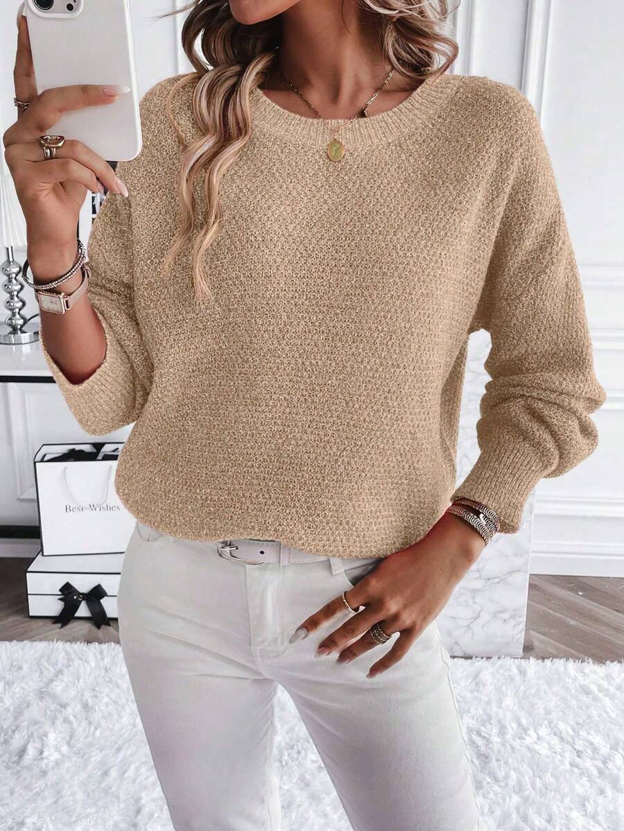 SHEIN LUNE Women's Casual Solid Color Dropped Shoulder Loose Oversized Pullover Sweater Knit Pullover Fall Winter - Khaki - View 1