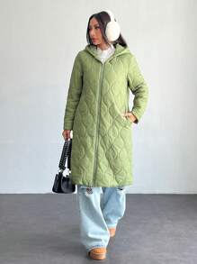 SHEIN PETITE 纯色连帽前拉链绗缝夹克，冬季长袖 - 軍綠色 - 查看 6