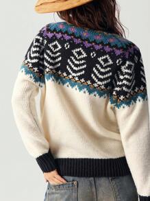 Bohemela Loose Round Neck Long Sleeve Sweater For Women, Vacation Style - White - View 4