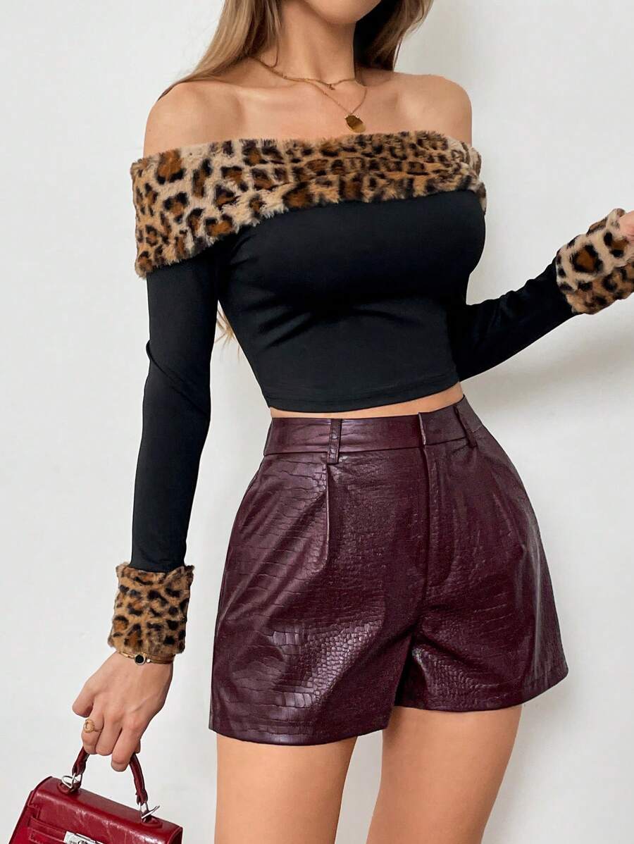 SHEIN Essnce Leather Women Pants Burgundy Red Leather Pants Women's Fashionable Crocodile Embossed Shorts, Summer - Red - View 1