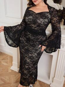 Modelyn Plus Size Elegant Lace Sweetheart Neck Flared Sleeve Cinched Waist Dress, Autumn Long Evening Dresses