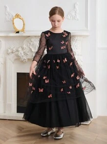 SHEIN Vestido de princesa con decoración de encaje y mariposas para niñas, vestido formal de tul esponjoso, para otoño/invierno, recital de piano o desfile de moda, para niñas preadolescentes