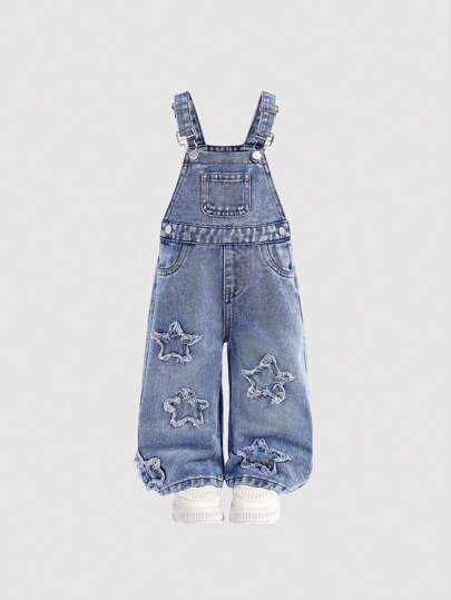 SHEIN Baby Girl Y2K Vintage Blue Denim Wide Leg Overalls With Star & Fringe Details, Street Cool Style Clothes