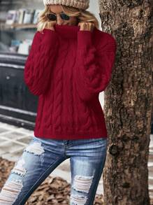 EMERY ROSE Áo len nữ dáng rộng, cổ cao, vai rớt, chất liệu dệt kim, kiểu dáng thường ngày, tay dài, thích hợp mặc mùa thu đông. - Màu Đỏ Sâu - Xem 6