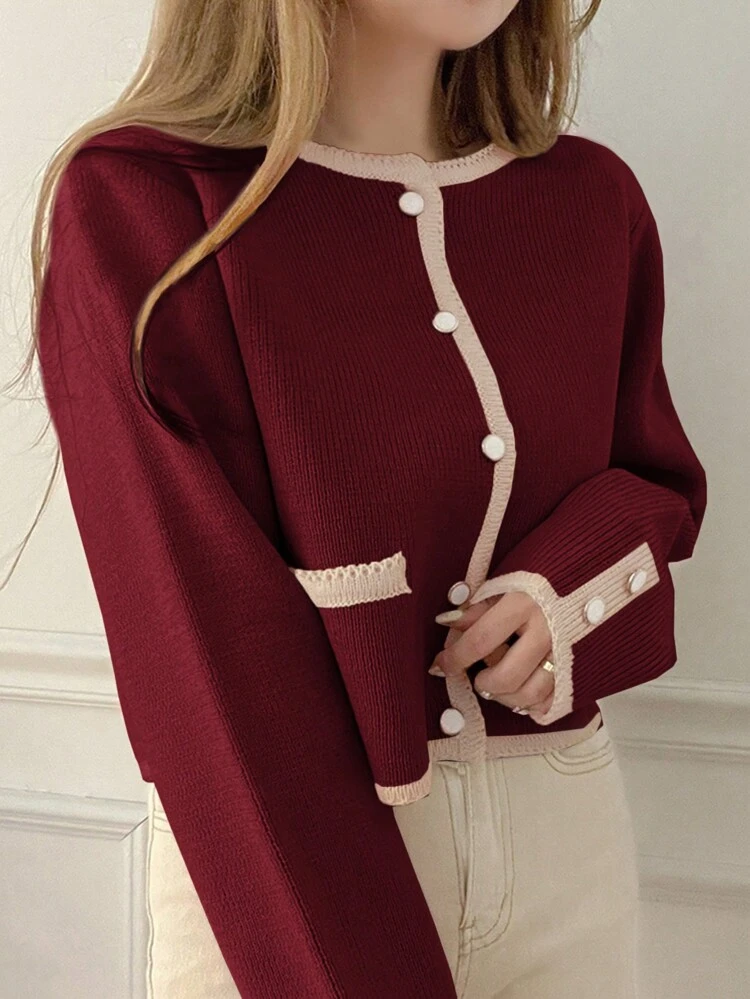 Women's Colorblock Ribbed Round Neck Fitted Cardigan, Christmas Season, Autumn ,Holiday,Long Sleeve Tops,Fall Women Clothes Christmas