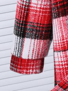 SHEIN Girls' Casual Classic Plaid Hooded Cardigan Sweater With Furry Lining, Suitable For Autumn, Winter, Daily Wear, School, Outdoor, Warmth, Home And Family Gatherings - Red - View 3