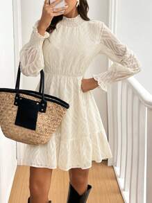 SHEIN Frenchy 女士秋季荷叶边领长袖优雅短款连衣裙 - 杏色 - 查看 3