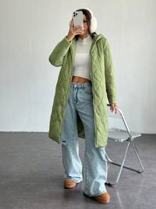 SHEIN PETITE 纯色连帽前拉链绗缝夹克，冬季长袖 - 軍綠色 - 查看 8