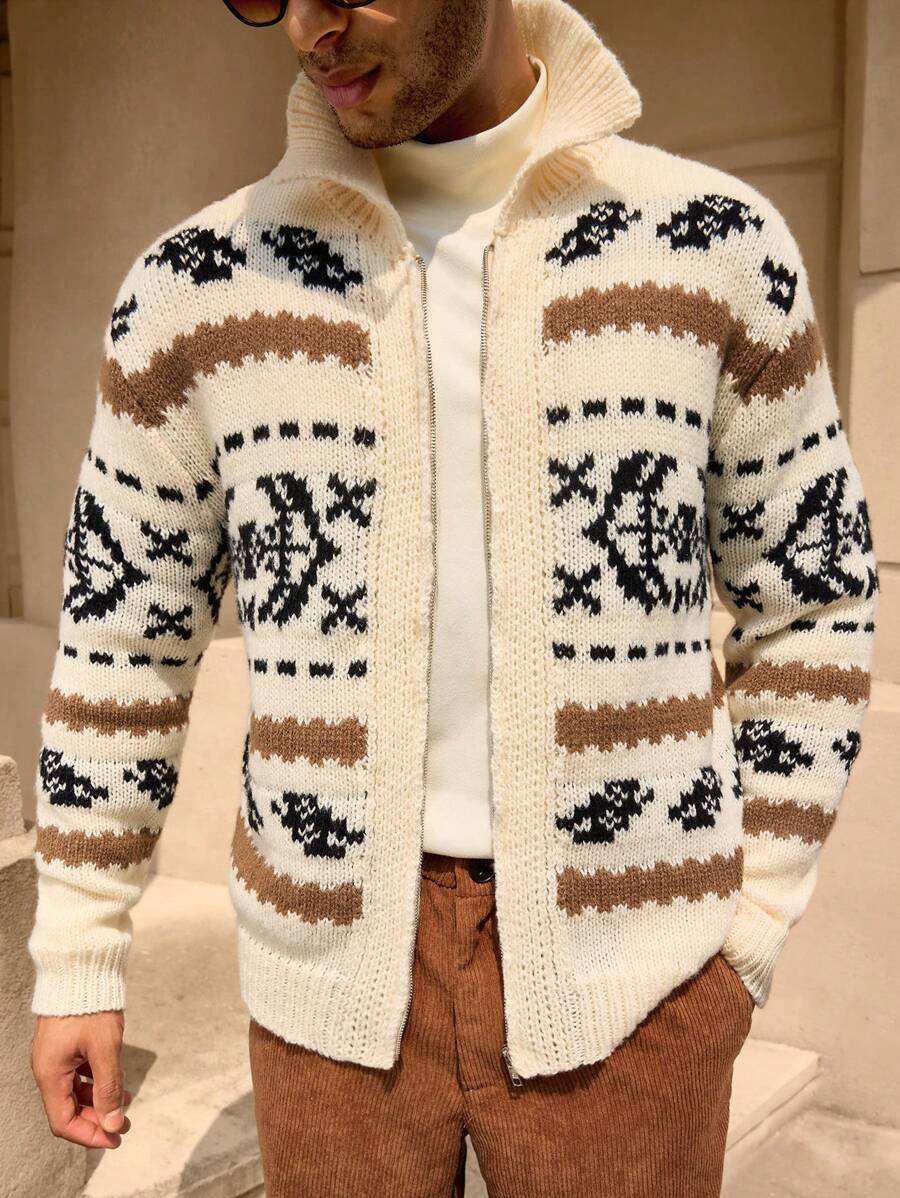 Manfinity VCAY Men Pattern Loose Fit Casual Cardigan Sweater, Young Style For Autumn/Winter Wear - Beige - View 1
