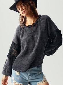 Bohemela 1 件女式休闲纯色宽松圆领长袖衬衫 - 黑色 - 查看 8