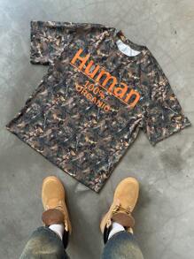 Manfinity EMRG Men's Casual Plant & Letter Print Drop Shoulder Loose Fit Short Sleeve T-Shirt, Summer,Camo,Boy Friend Gifts - Multicolor - View 5