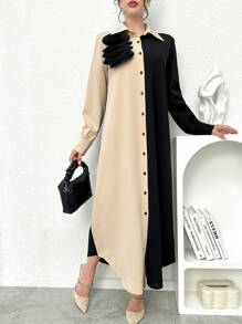 Modelyn Abito lungo da donna con maniche lunghe, modesto, con fiori 3D e colorblock, abito lungo da sera stile arabo