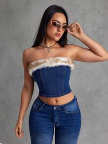 SHEIN EZwear Women Summer Fashionable Everyday Denim Bustier Top With Furry Trim, Slim Fit - Blue - View 5