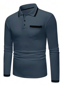 Manfinity Homme 男士纯色撞色拼接前扣长袖口袋休闲 Polo 衫，男士蓝色 Polo 衫，男士休闲衬衫，男士蓝色上衣，男士立领衬衫，秋季 - 霧霾藍 - 查看 4
