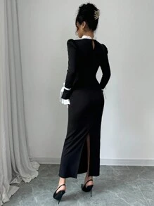 Gloray Women's Ruffle Stand Collar Flared Sleeve Fitted Fishtail Hem Elegant Long Dress, Autumn/Winter Maxi Women Outfit