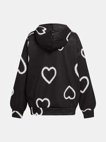SHEIN Bộ 2 áo nỉ họa tiết trái tim cho bé gái, lớp lót nhung dày, áo hoodie thường ngày phong cách đường phố & quần ống rộng, cỡ lớn - màu đen - Xem 9