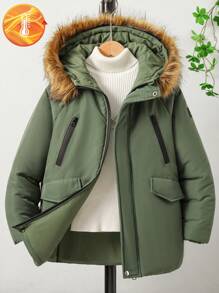 Tween Boys Hooded Mid-Length Padded Coat For Tween Boys, Casual - Army Green - View 1