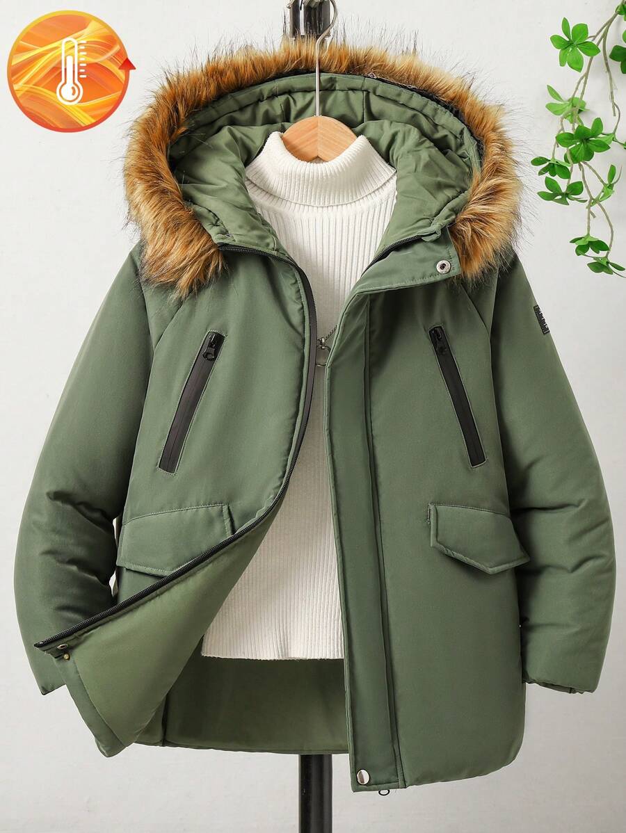 Tween Boys Hooded Mid-Length Padded Coat For Tween Boys, Casual - Army Green - View 1