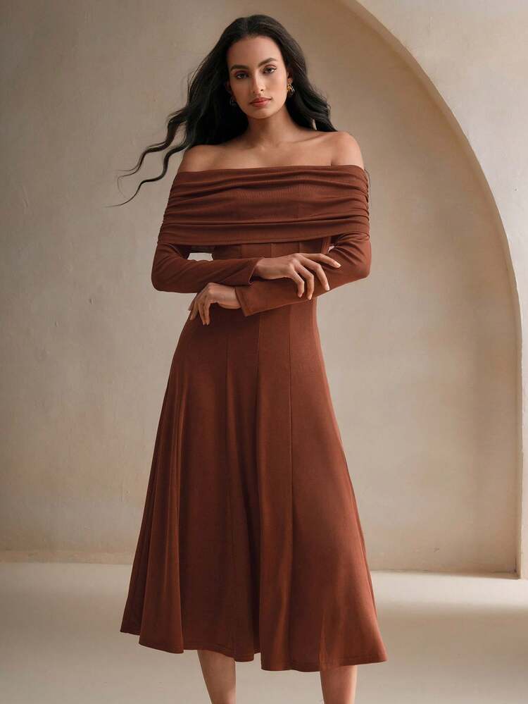 Off-Shoulder Long Sleeve Cinched Waist A-Line Long Dress, Formal Occasion Maxi Women Outfit