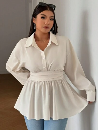 Vionelle Plus Size Spring/Autumn Beige Vintage Style Slimming A-Line Turndown Collar Loose Casual Shirt, Versatile For School, Work And Everyday Wear Peplum Top
