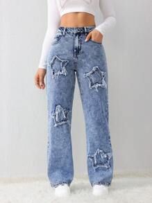 女士牛仔裤 蓝星直筒牛仔裤 牛仔裤 牛仔连体裤 女士服装 女士牛仔裤 宽松牛仔裤 - 中等水洗藍 - 查看 6