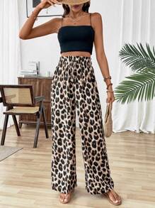 SHEIN PETITE 女士荷叶边腰带豹纹宽腿宽松休闲裤 - 卡其色 - 查看 6