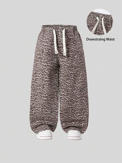 Girls Young Girl Vintage Street Chic Adjustable Waist Loose Comfy Casual Leopard Print Wide Leg Jeans