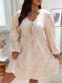 Flirla Plus Size Color Block Lace-Up Front Long Sleeve Casual Dress - Apricot - View 5