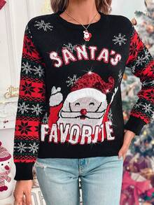 SHEIN LUNE Christmas Pattern Casual Knit Sweater, Autumn/Winter, Knit Pullover Fall - Black - View 8