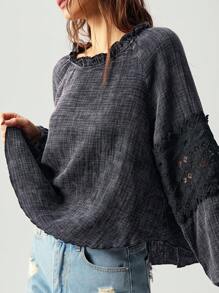 Bohemela 1 件女式休闲纯色宽松圆领长袖衬衫 - 黑色 - 查看 5