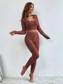 Bộ 2 món áo len ngắn màu trơn thường ngày và quần bó cho nữ, Thu/Đông - Cà phê nâu - Xem 3