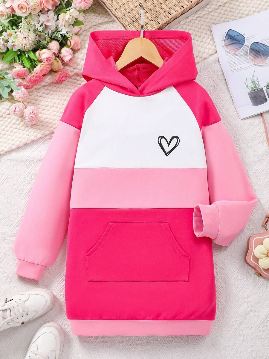 SHEIN 2 件女童运动衫套装，拼色连帽运动衫和休闲长裤，适合秋冬季 - 玫紅色 - 查看 1