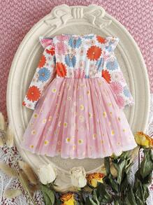 SHEIN 女婴 2-4 岁秋冬新品可爱休闲日常柔软面料花卉雏菊薄纱泡泡袖公主裙 - 粉色 - 查看 2