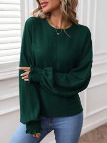 SHEIN LUNE Women's Casual Home T-Shirt With Ruffle LED Lantern Sleeves Green Round Neck For Winter New Year Christmas Women's Clothing - Green - View 7