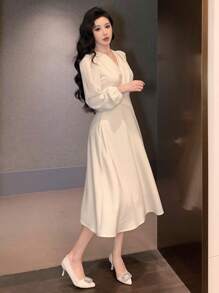 DAZY 女士优雅中长袖连衣裙，秋季，新年除夕舞会礼服，秋季女装 - 米色 - 查看 5