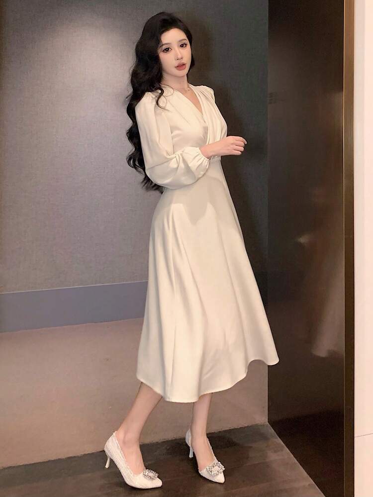DAZY 女士优雅中长袖连衣裙，秋季，新年除夕舞会礼服，秋季女装 - 米色 - 查看 5