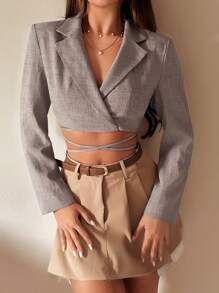 SHEIN ICON 1 件女式秋季服装翻领长袖纯色系带西装外套，秋季 - 卡其色 - 查看 2