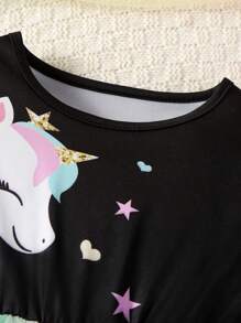 Toddler Girls Cartoon Print Fashionable Set, Long Sleeve Mesh Cute Princess Dress, Suitable For Casual, Travel And Party - Black - View 6