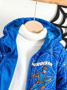 SHEIN Young Boys Classic Versatile Casual Cool Hooded Warm Spider Web Superhero Full Print Thick Padded Winter Snow Parka, Autumn/Winter - Blue - View 4