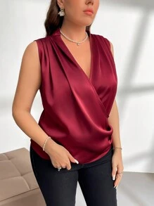 SHEIN Privé Blusa unicolor de cuello cruzado de satén - Granate - Ver 3