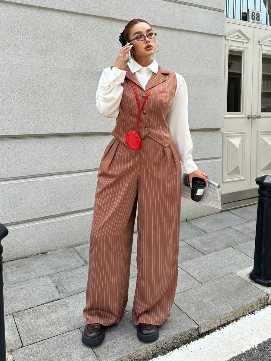 Flirla Classic Striped Splicing Shirt Collar Top + Straight-Leg Pants Suit, 2pcs Set, Minimalist Long Sleeve Elegant Outfit Fall Cloth For Women - Khaki - View 1