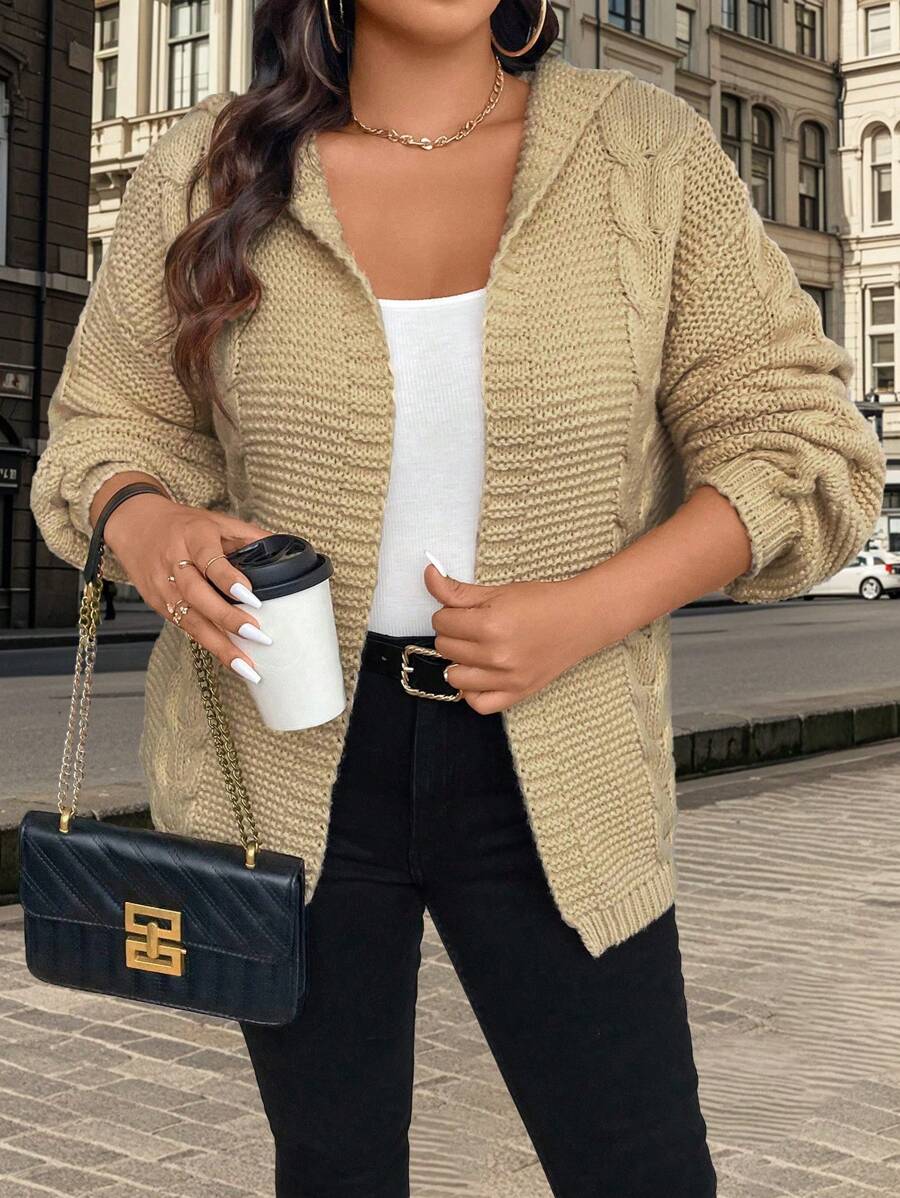 Calvaya Damen Große Größen Lässige offene Kapuzen-Strickjacke mit einfarbigem, dickem Strick für Herbst/Winter - Khaki - Übersicht 1