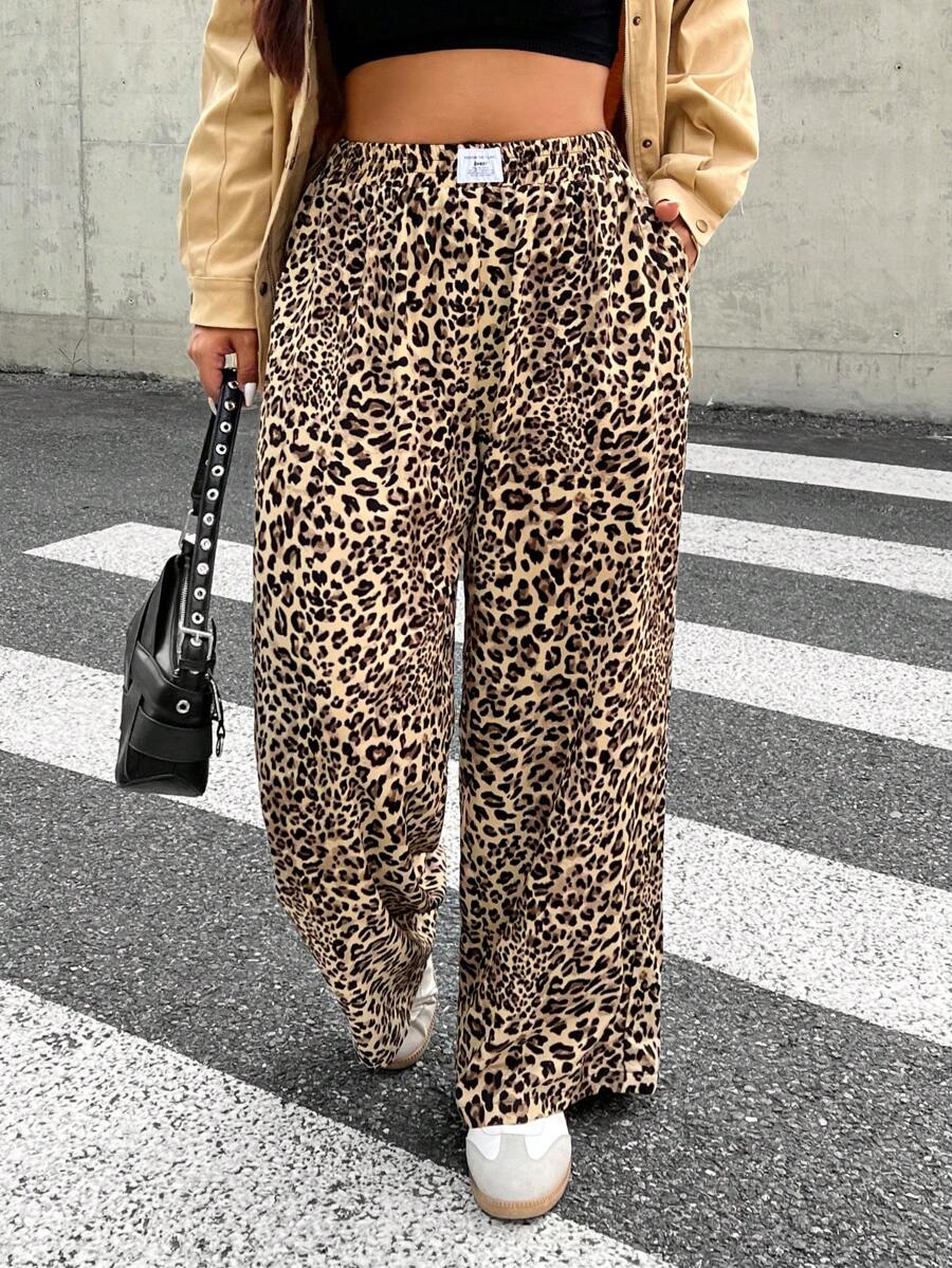 SHEIN EZwear Quần ống rộng lưng cao họa tiết da báo cỡ lớn cho nữ, quần dài rộng rãi, thoải mái khi đi làm và mặc hàng ngày - màu nâu - Xem 1