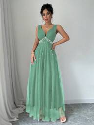 SHEIN Belle Women's Elegant Faux Pearl Beaded V-Neck Waisted Sleeveless Dress, Summer Maxi Women Outfit