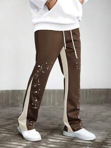 Manfinity EMRG 男士休闲街头风格字母印花撞色抽绳腰部宽松直筒运动裤，狂野风 - 咖啡棕 - 查看 4