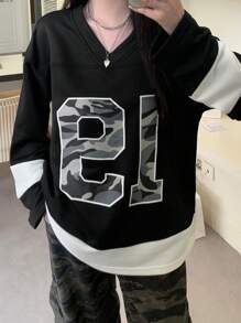 DAZY Sudadera con capucha de mujer con estampado de números en camuflaje y contraste de colores, ropa de otoño